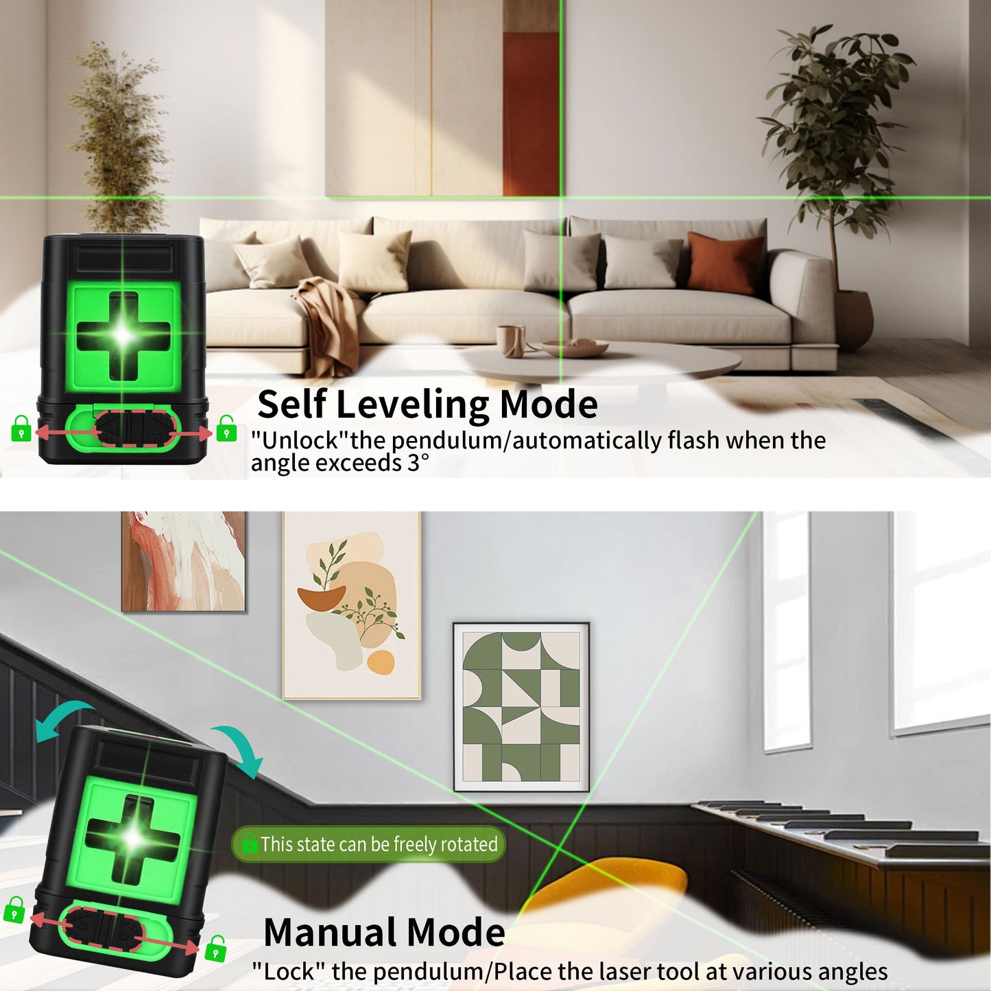 Fotrix Laser Level（green）, 100Ft Self Leveling Green Cross Line Laser for Picture Hanging, Tile, Decoration & DIY Construction – 360° Magnetic Base & AA Battery, Indoor Use