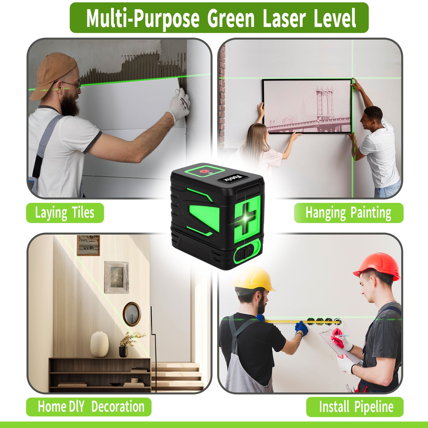 Fotrix Laser Level（green）, 100Ft Self Leveling Green Cross Line Laser for Picture Hanging, Tile, Decoration & DIY Construction – 360° Magnetic Base & AA Battery, Indoor Use