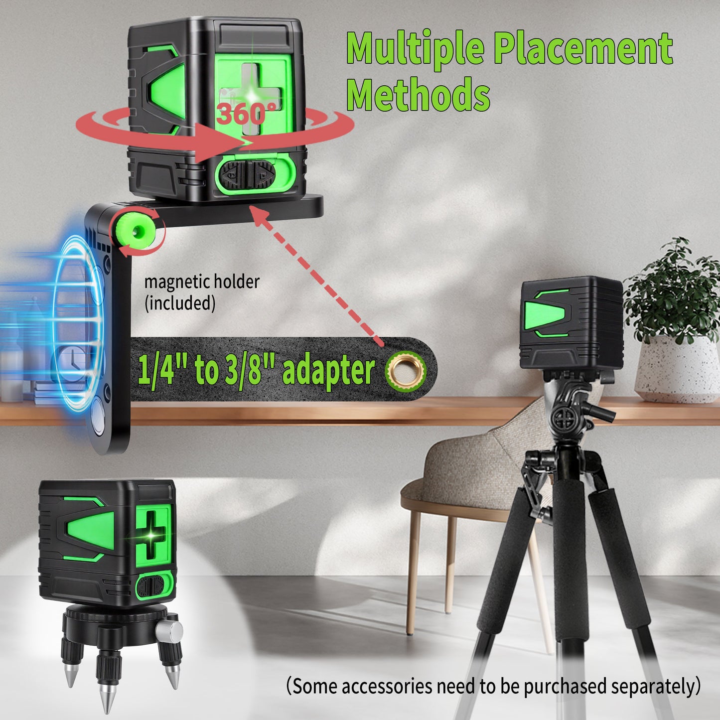 Fotrix Laser Level（green）, 100Ft Self Leveling Green Cross Line Laser for Picture Hanging, Tile, Decoration & DIY Construction – 360° Magnetic Base & AA Battery, Indoor Use