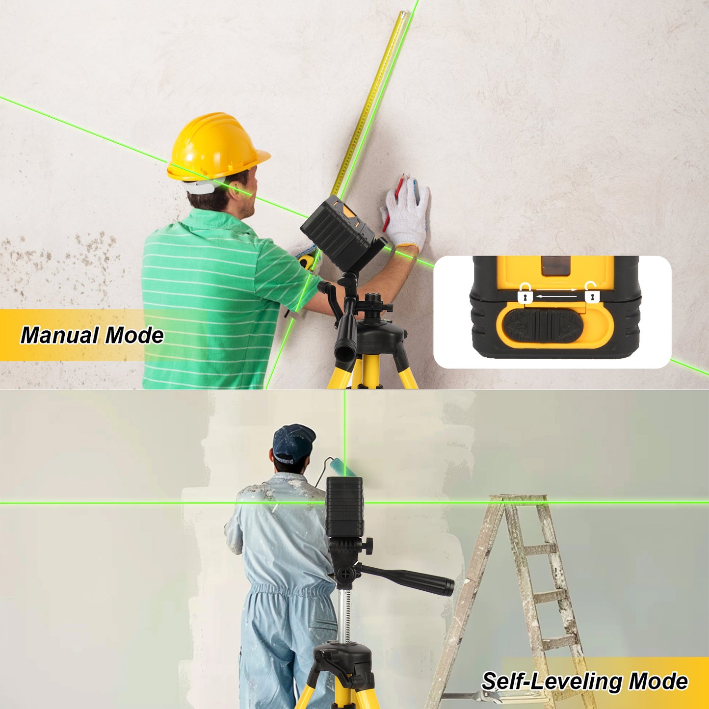 Fotrix Laser Level with tripod（yellow）, 100Ft Self Leveling Green Cross Line Laser for Picture Hanging, Tile, Decoration & DIY Construction – 360° Magnetic Base & AA Battery, Indoor Use