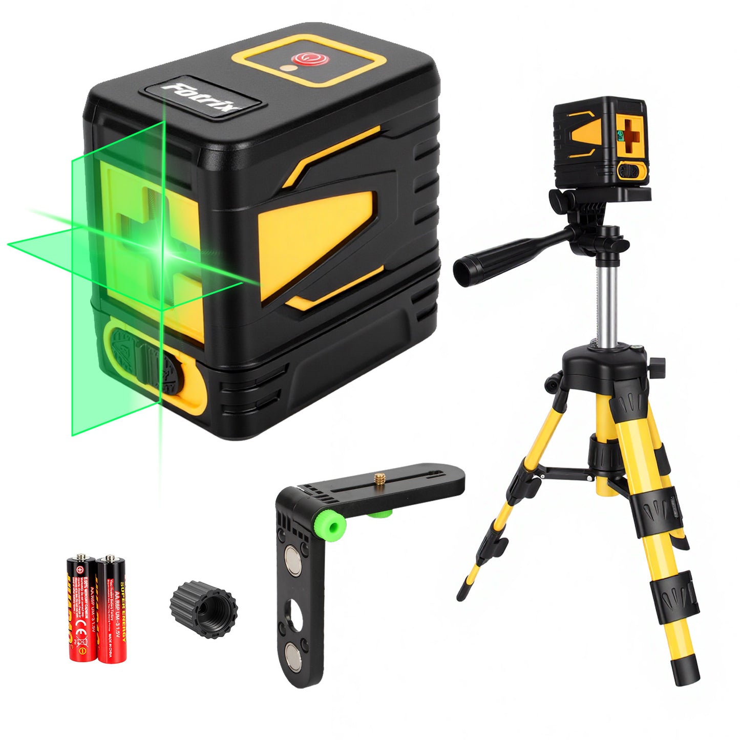 Fotrix Laser Level with tripod（yellow）, 100Ft Self Leveling Green Cross Line Laser for Picture Hanging, Tile, Decoration & DIY Construction – 360° Magnetic Base & AA Battery, Indoor Use