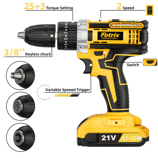 Cordless Drill Kit – 25 Torque, 3 Modes, Battery & Charger Included