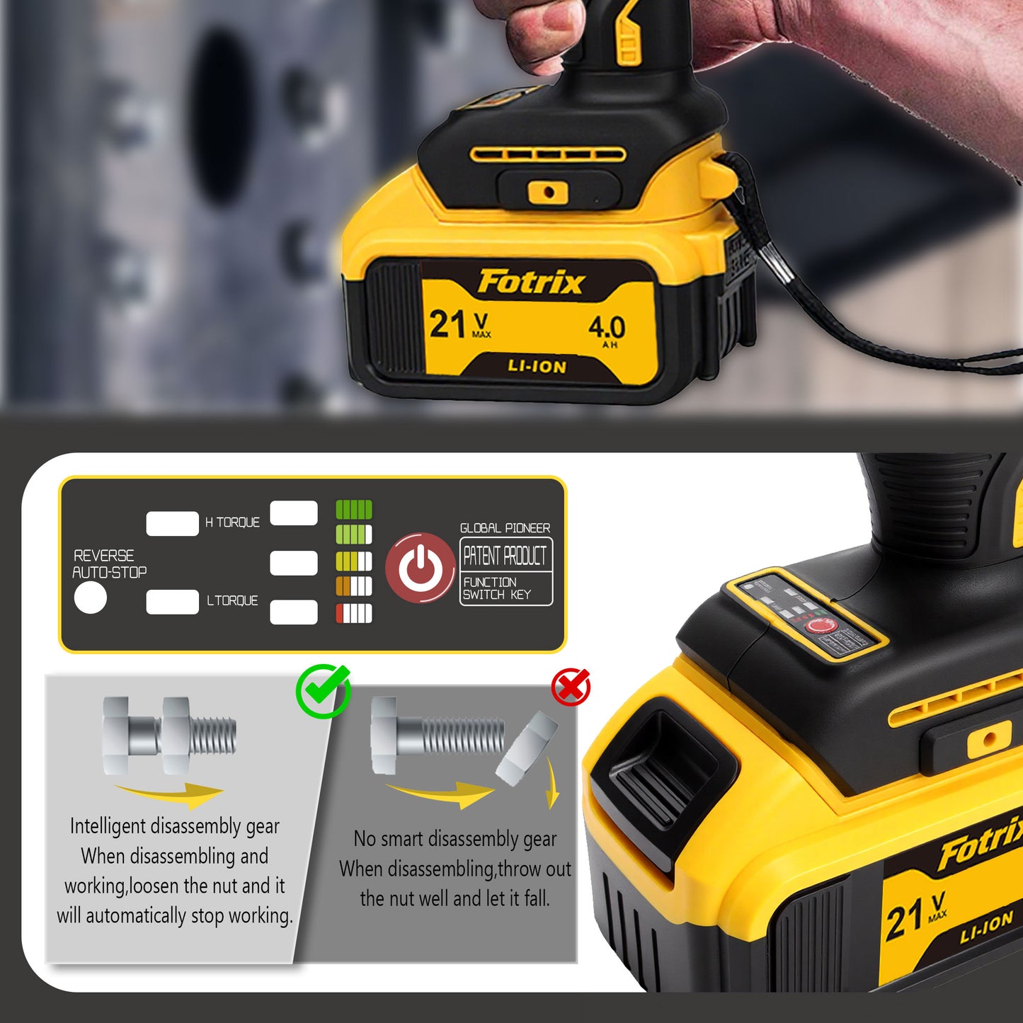 Fotrix 21V Brushless Impact Wrench Dual-Battery All-in-One Kit with 520N·m Torque & LED Light