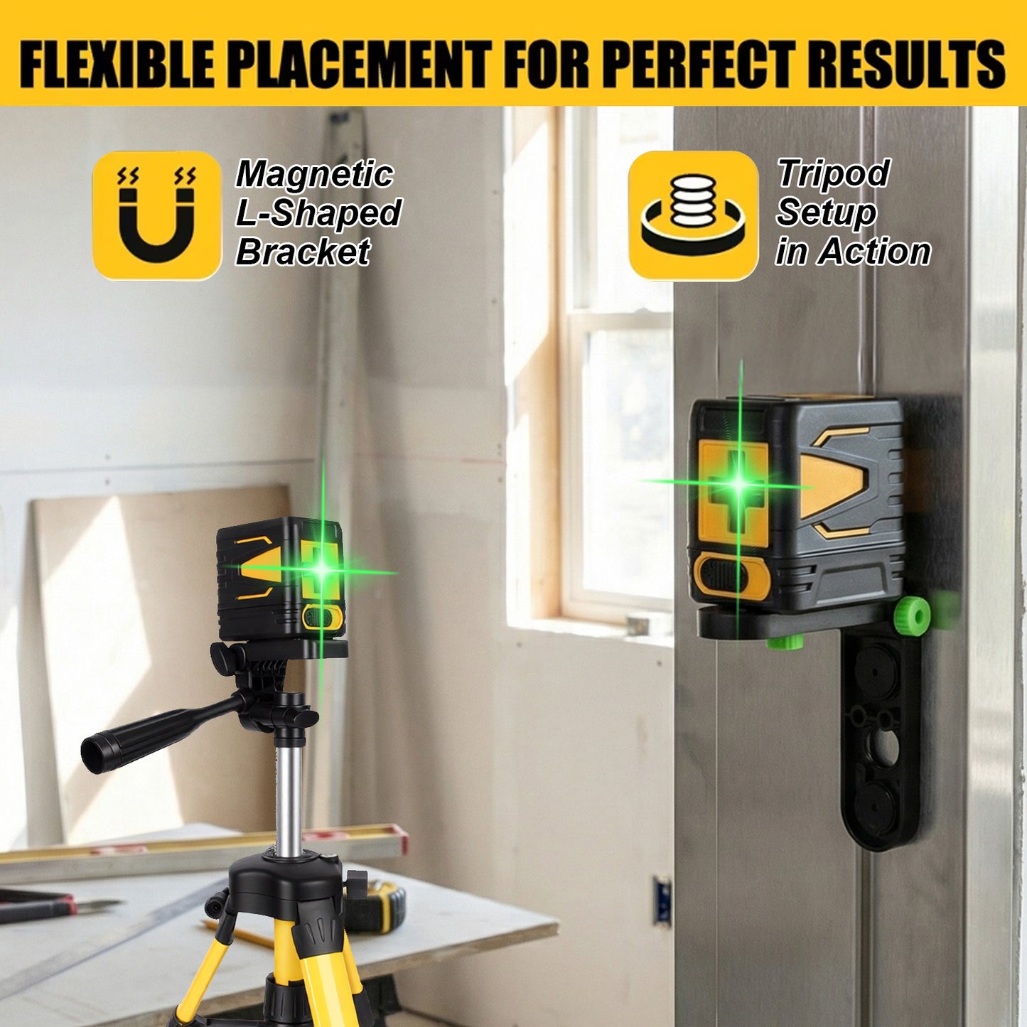 Fotrix Laser Level（yellow）, 100Ft Self Leveling Green Cross Line Laser for Picture Hanging, Tile, Decoration & DIY Construction – 360° Magnetic Base & AA Battery, Indoor Use
