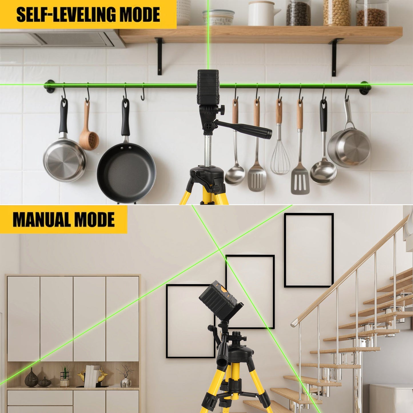 Fotrix Laser Level with tripod（yellow）, 100Ft Self Leveling Green Cross Line Laser for Picture Hanging, Tile, Decoration & DIY Construction – 360° Magnetic Base & AA Battery, Indoor Use