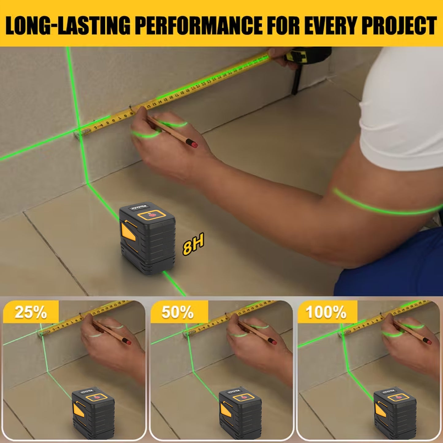Fotrix Laser Level（yellow）, 100Ft Self Leveling Green Cross Line Laser for Picture Hanging, Tile, Decoration & DIY Construction – 360° Magnetic Base & AA Battery, Indoor Use