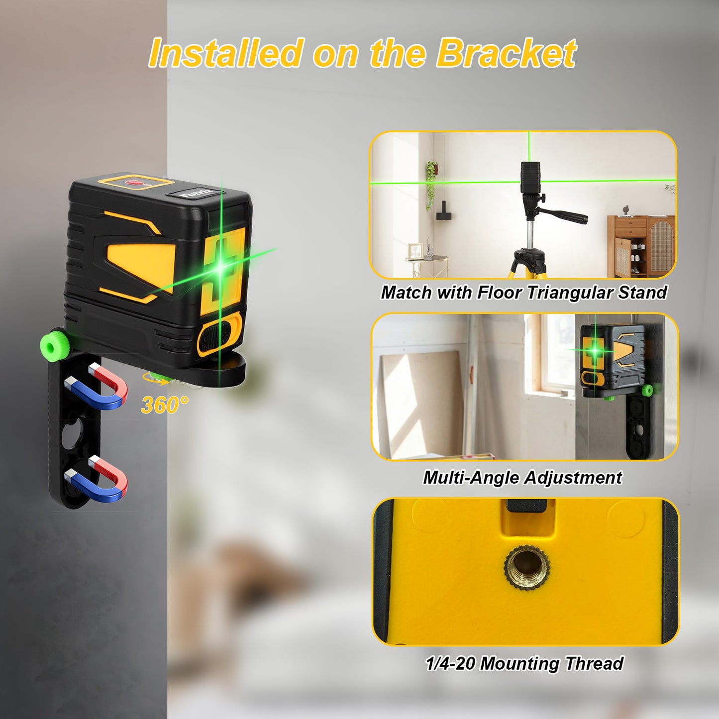 Fotrix Laser Level（yellow）, 100Ft Self Leveling Green Cross Line Laser for Picture Hanging, Tile, Decoration & DIY Construction – 360° Magnetic Base & AA Battery, Indoor Use
