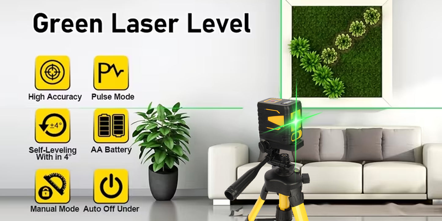 Fotrix Laser Level with tripod（yellow）, 100Ft Self Leveling Green Cross Line Laser for Picture Hanging, Tile, Decoration & DIY Construction – 360° Magnetic Base & AA Battery, Indoor Use