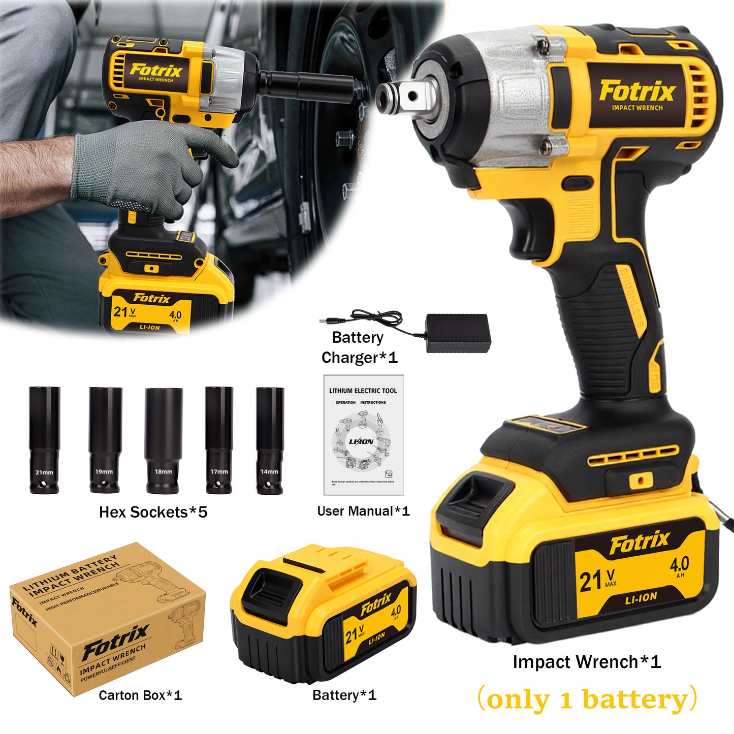 Fotrix 21V Brushless Impact Wrench Single-Battery with 520N·m Torque & LED Light