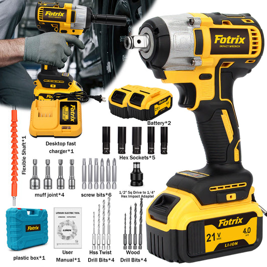 Fotrix 21V Brushless Impact Wrench Dual-Battery All-in-One Kit with 520N·m Torque & LED Light