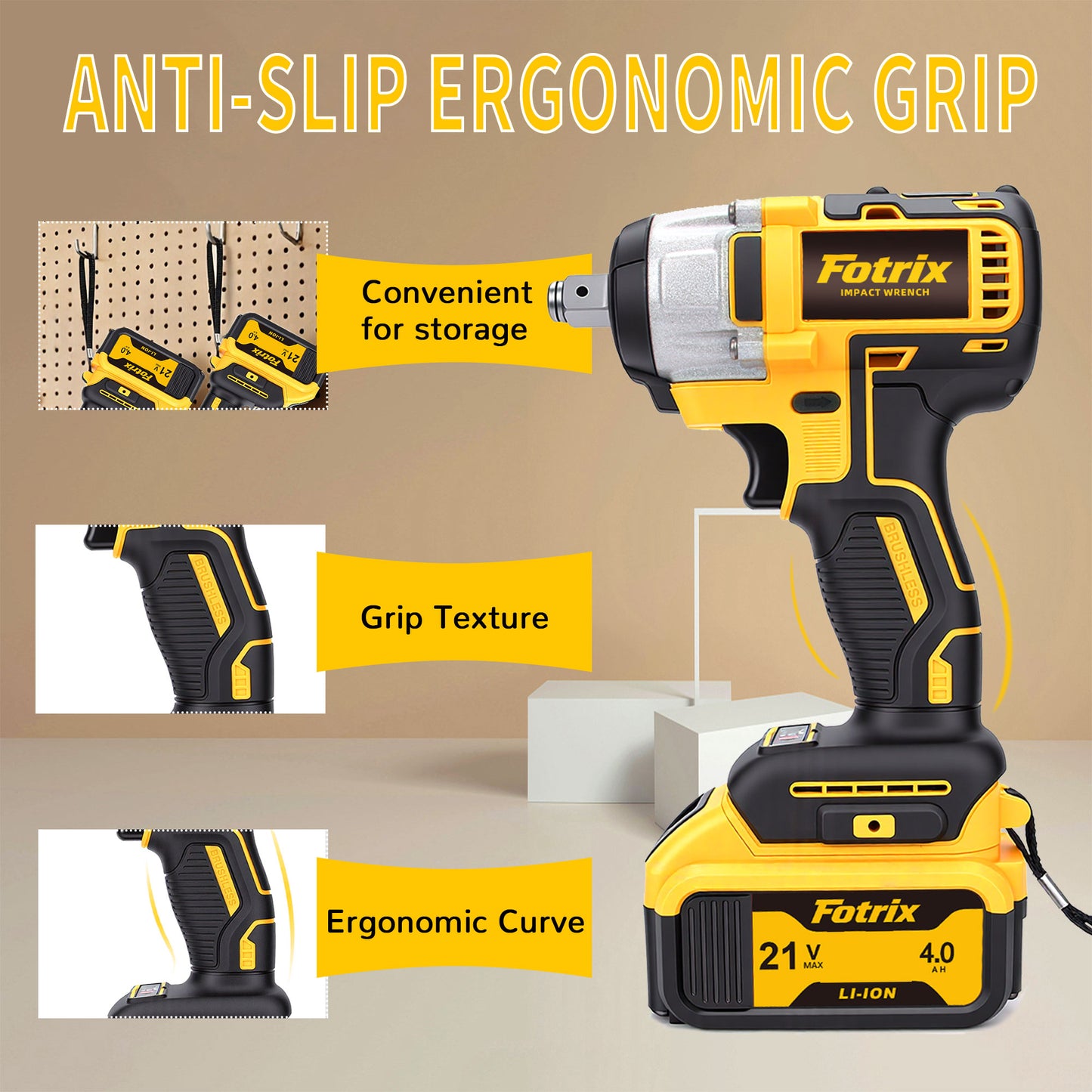 Fotrix 21V Brushless Impact Wrench Dual-Battery All-in-One Kit with 520N·m Torque & LED Light