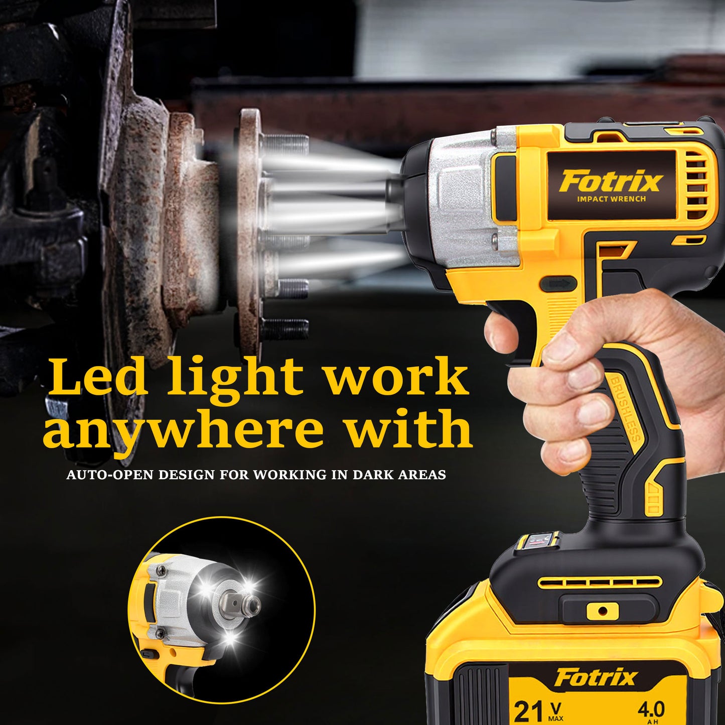 Fotrix 21V Brushless Impact Wrench Dual-Battery All-in-One Kit with 520N·m Torque & LED Light